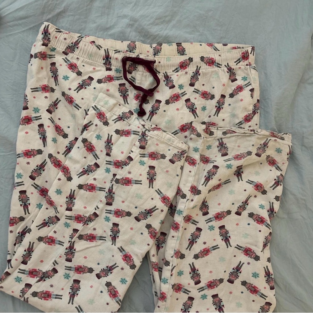 Nutcracker Print Cotton Pajama Pants - Cream with Burgundy Drawstring